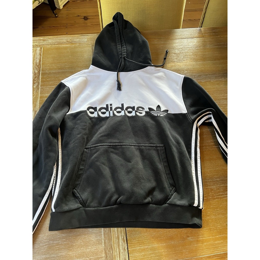 Adidas Mens Pullover Hoodie Big Front Logo Spell Out Large Black White Cotton M